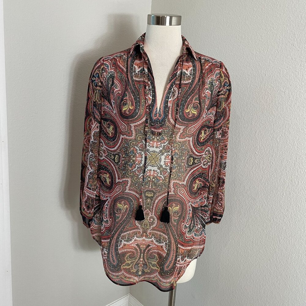Alice‎ + Olivia Womens XS Paisley Sterling Half Placket Tunic Top Long Sleeve